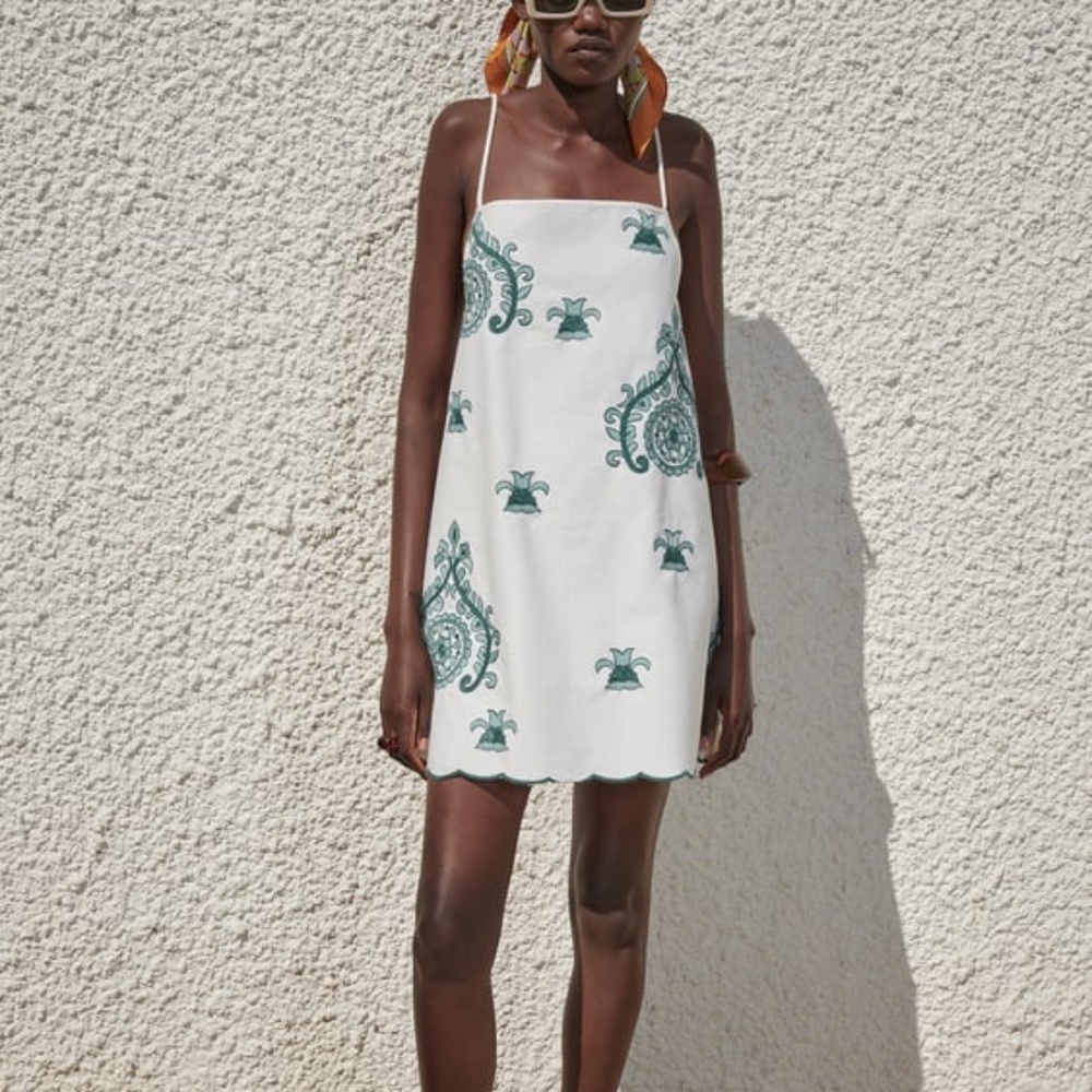 Zara White and Green Patterned Embroidery Dress